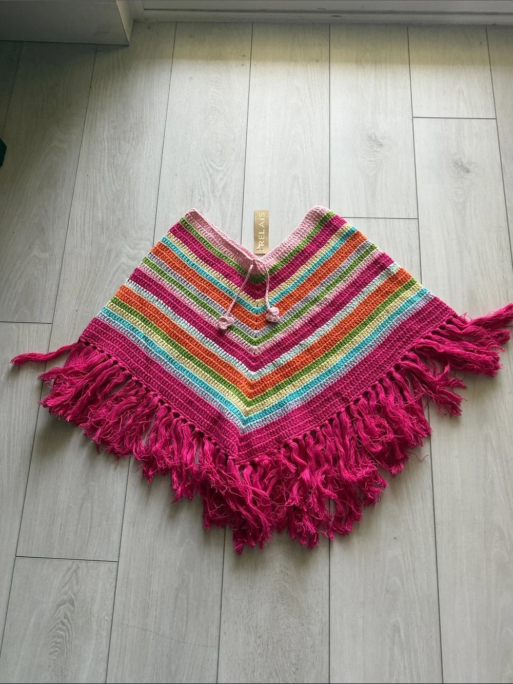 Relais Knitware Kids Rainbow Crochet Poncho with Hot Pink Fringe